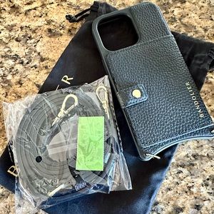 Bandolier "Mila" cross-body black leather iPhone 13 Pro case with wallet pockets